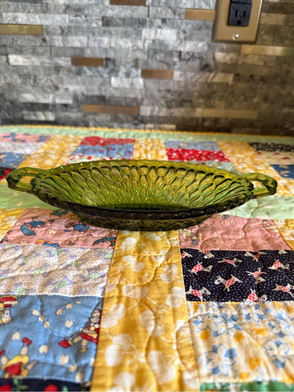 Vintage Indiana Green Glass Handled Serving Dish - Decorative Home Art